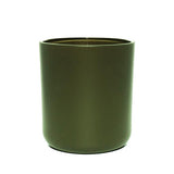 This image shows a cylindrical opaque  glass candle container in an olive green color.