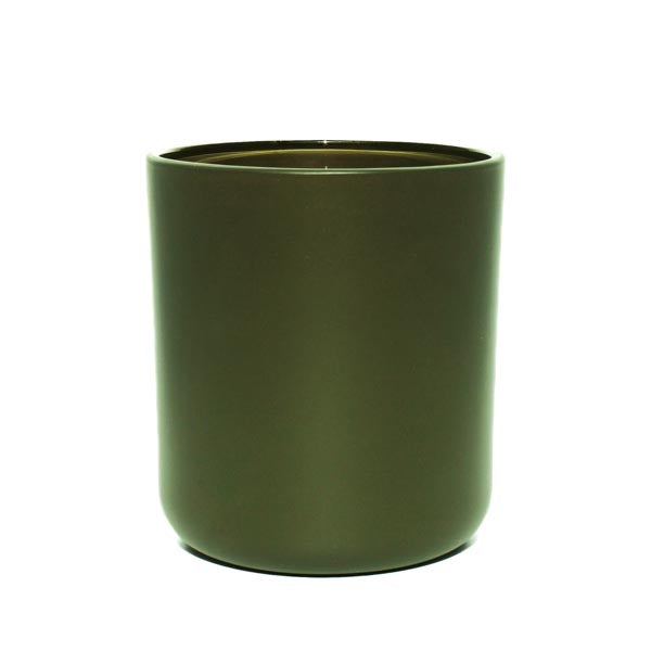 This image shows a cylindrical opaque  glass candle container in an olive green color.