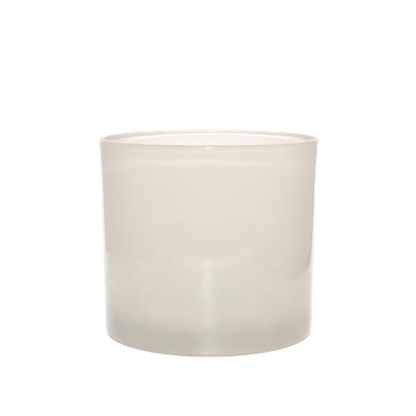 This image shows a cylindrical opaque  glass candle container in a pearl color.