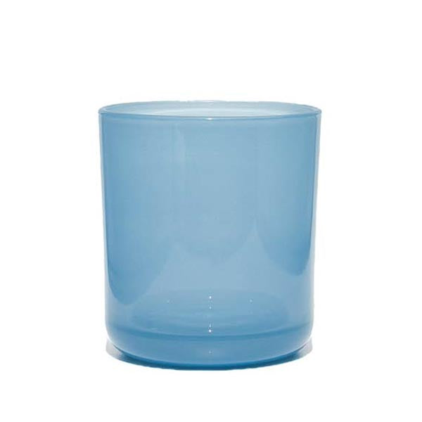 This image shows a cylindrical translucent  glass candle container in a sky blue color.